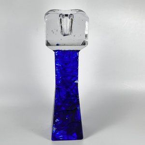 Vtg Glasslight Candle Stick Holder Studio Art Glass Ice Cube Clear Cobalt Blue